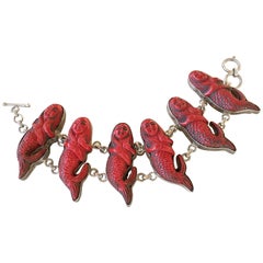 Carved Coral Vintage Mermaid Bracelet. Chunky Sterling Silver. 11