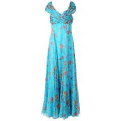 Oscar De La Renta Floral Print Silk Gown with Ruching