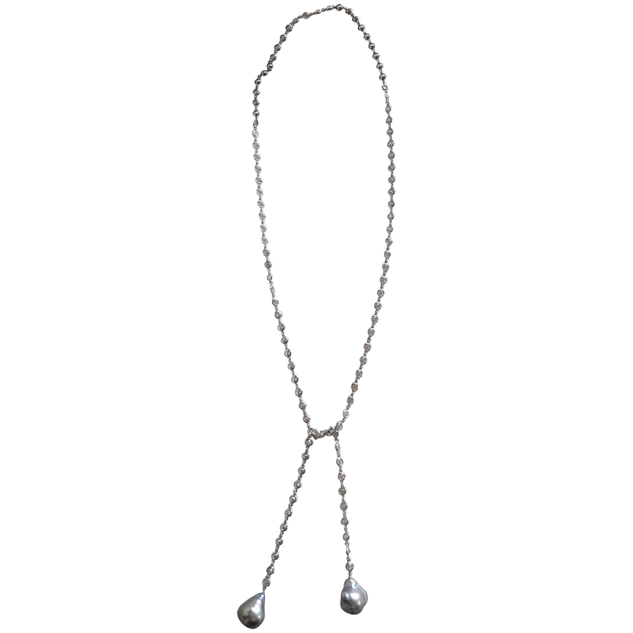 Bijoux Num CZ Lariat with Grey Baroque Pearl Drop