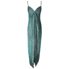 Vintage Bob Mackie Emerald Green Velvet Dress with Metallic Threads 