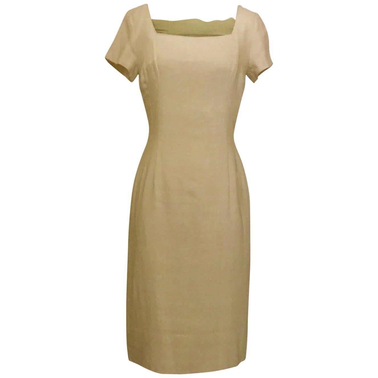 Mr. Blackwell Cream Natural Silk Pencil Sheath Dress, Late 1950s  For Sale