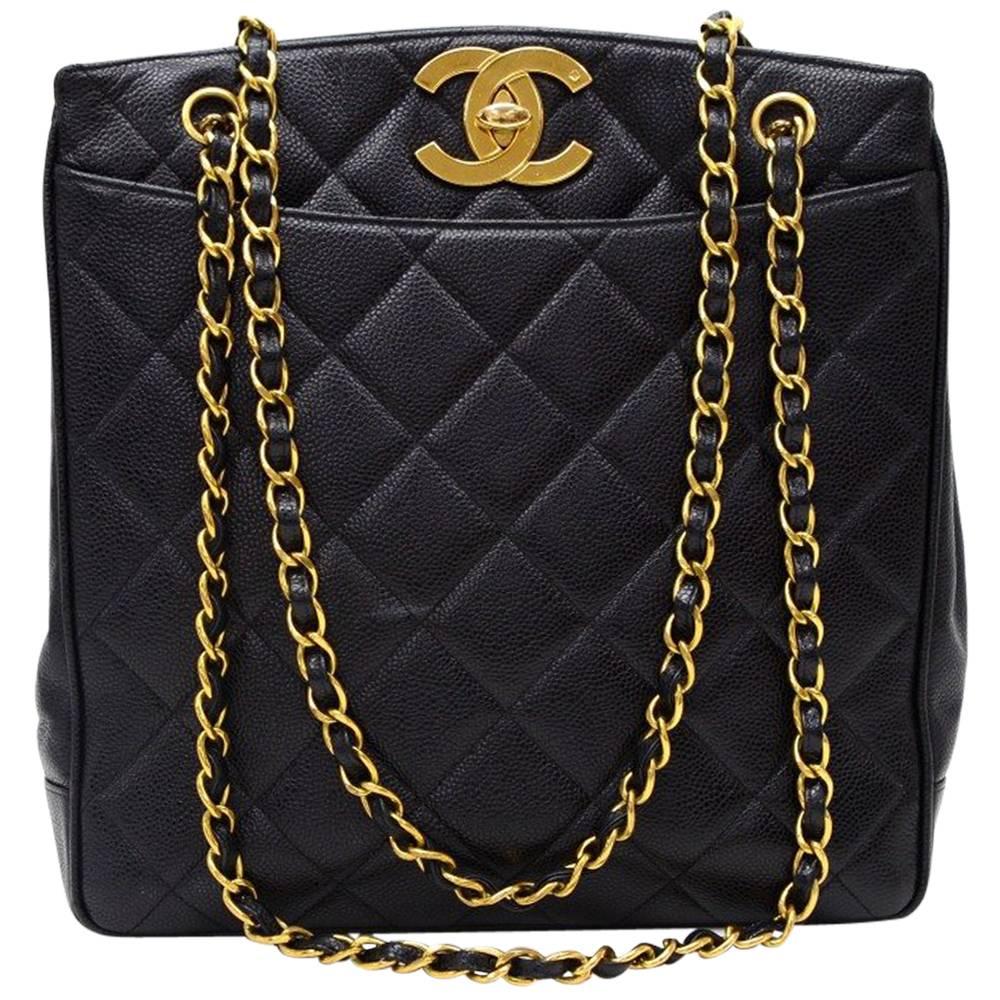 Vintage Chanel Black Quilted Caviar Leather Tote Shoulder Bag Large CC