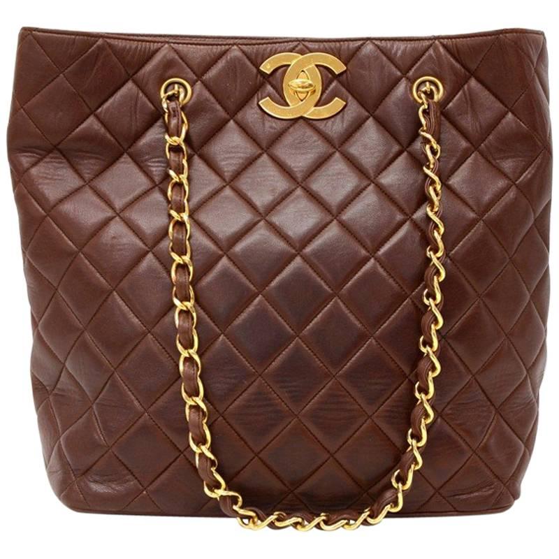 Vintage Chanel Dark Brown Quilted Leather Tote Shoulder Bag