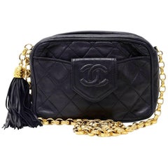 Retro Chanel 7" Black Quilted Leather Fringe Shoulder Pochette Bag
