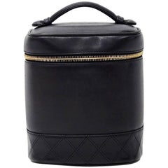 Vintage Chanel Vanity Black Leather Cosmetic Hand Bag