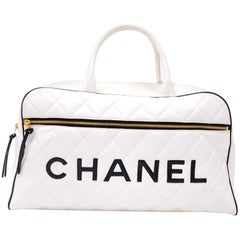 Vintage Chanel White x Black Quilted Leather Large Boston Hand Bag 10