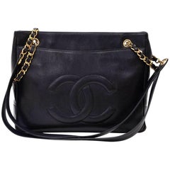 Vintage Chanel 12" Black Caviar Leather Large Shoulder Tote Bag 10