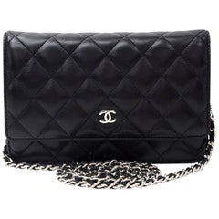 Chanel Black Quilted Leather Wallet On Long Shoulder Chain