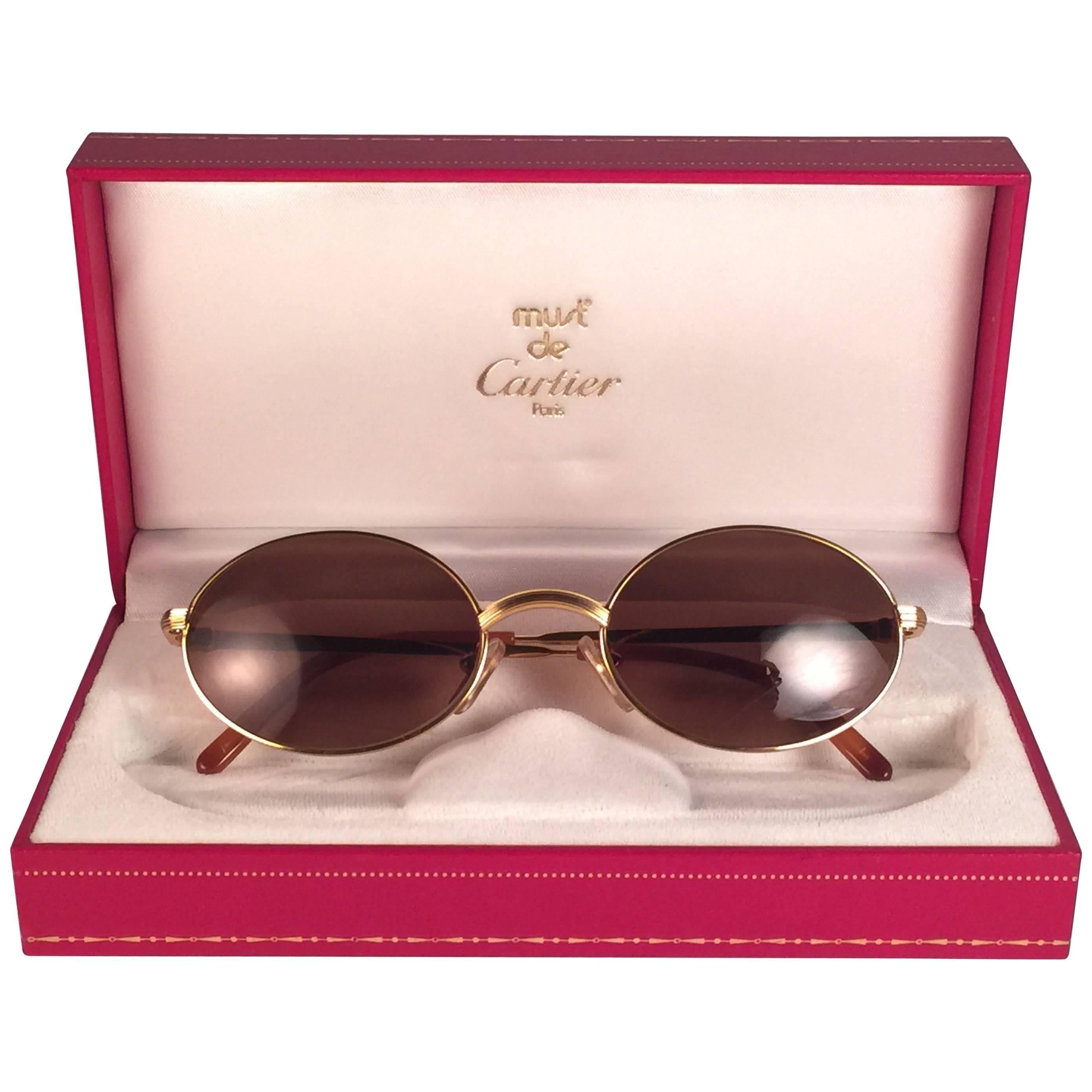 New Vintage Cartier Sorbonne Gold Plated Solid Brown Lens France 1990 Sunglasses