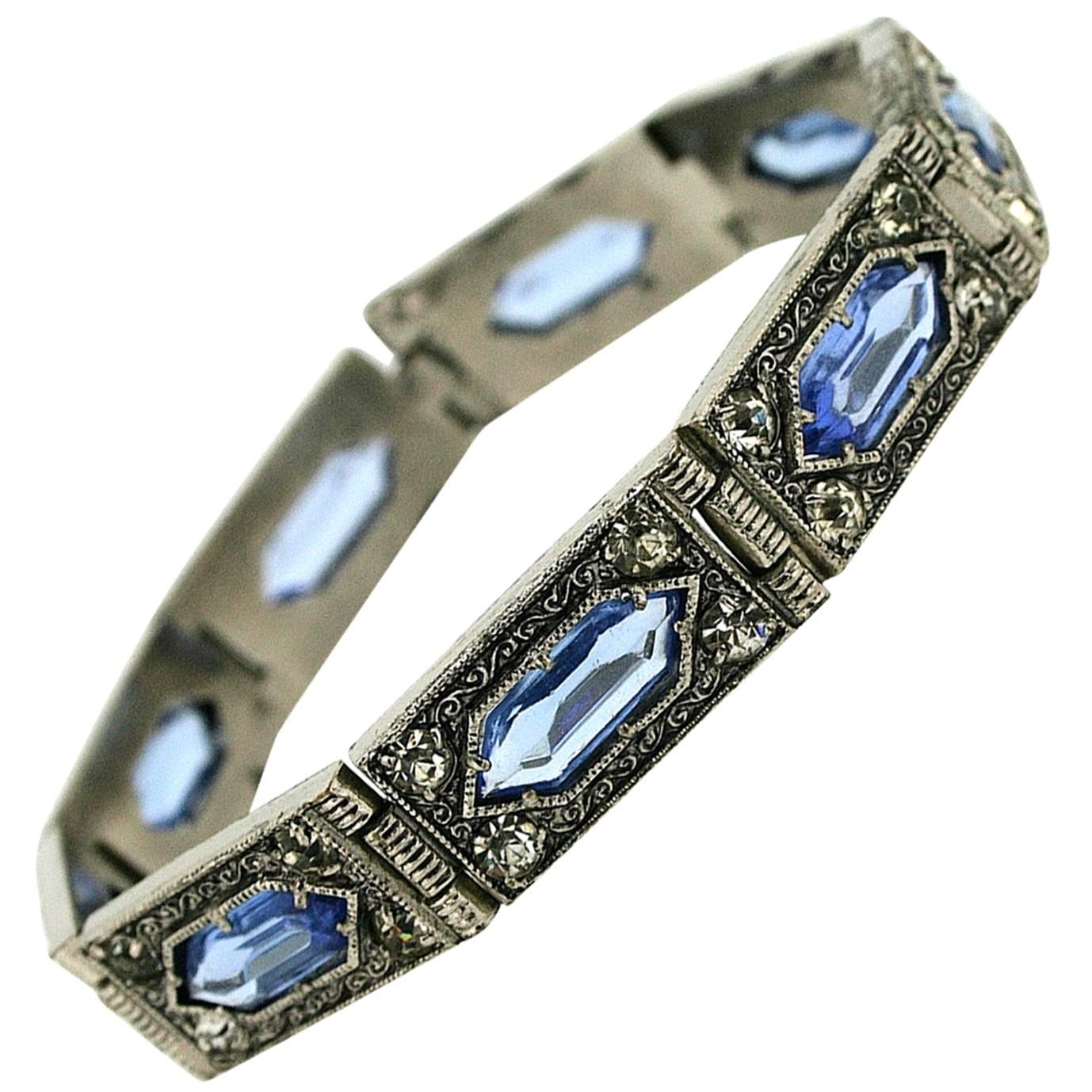 1920s Blue Glass Art Deco Design Vintage Bracelet For Sale