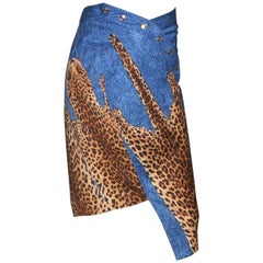 Christian Dior by John Galliano Denim Leopard Cheetah Asymmetric Skirt 2000