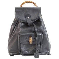 Gucci bamboo Retro black leather backpack bag serial code with pocket