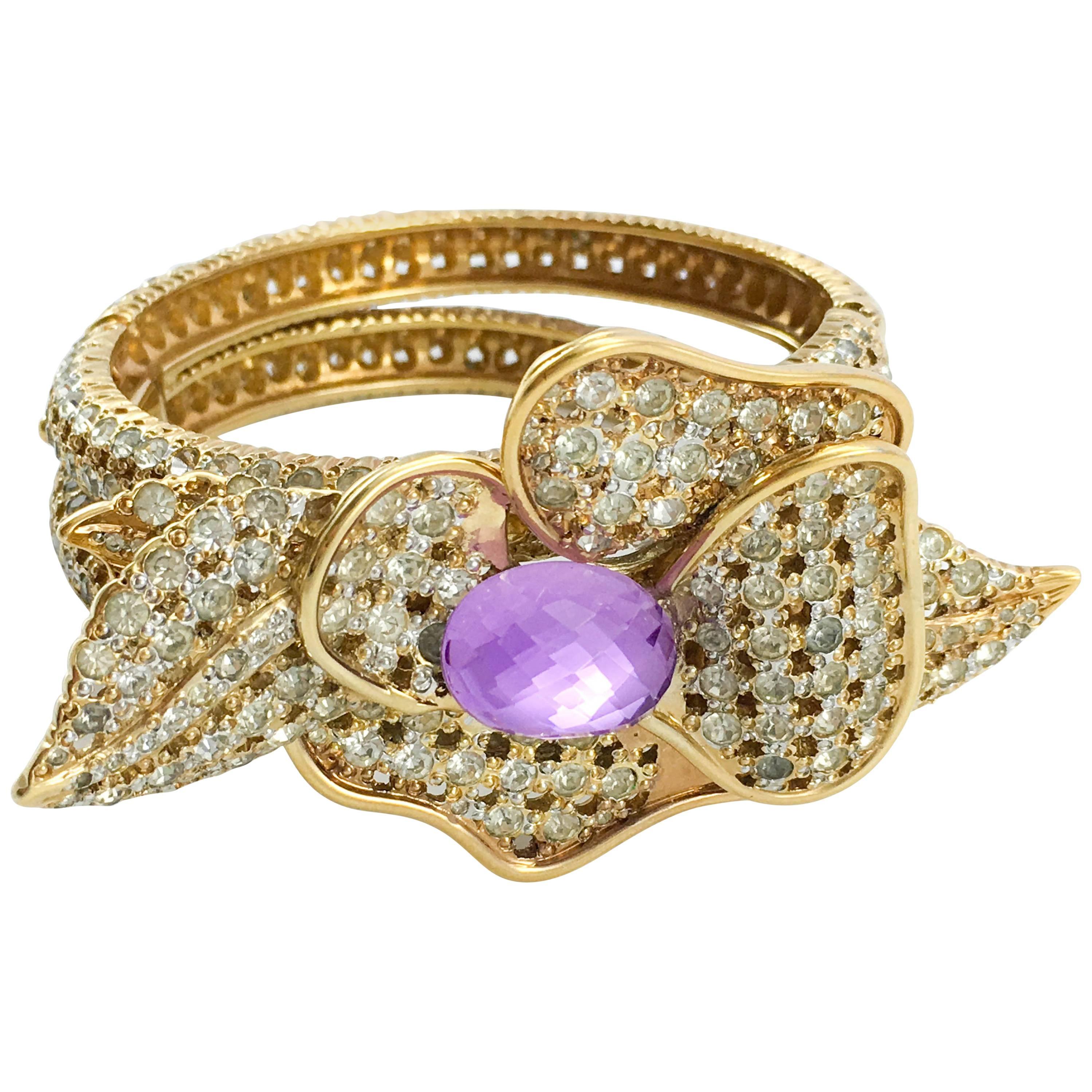 1990s Valentino Diamanté and Faux Amethyst Gilt Flower Bracelet For Sale