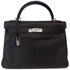 Hermes Kelly Ghillies Bag Black Togo Swift PHW 32 cm 2 straps Full set 5