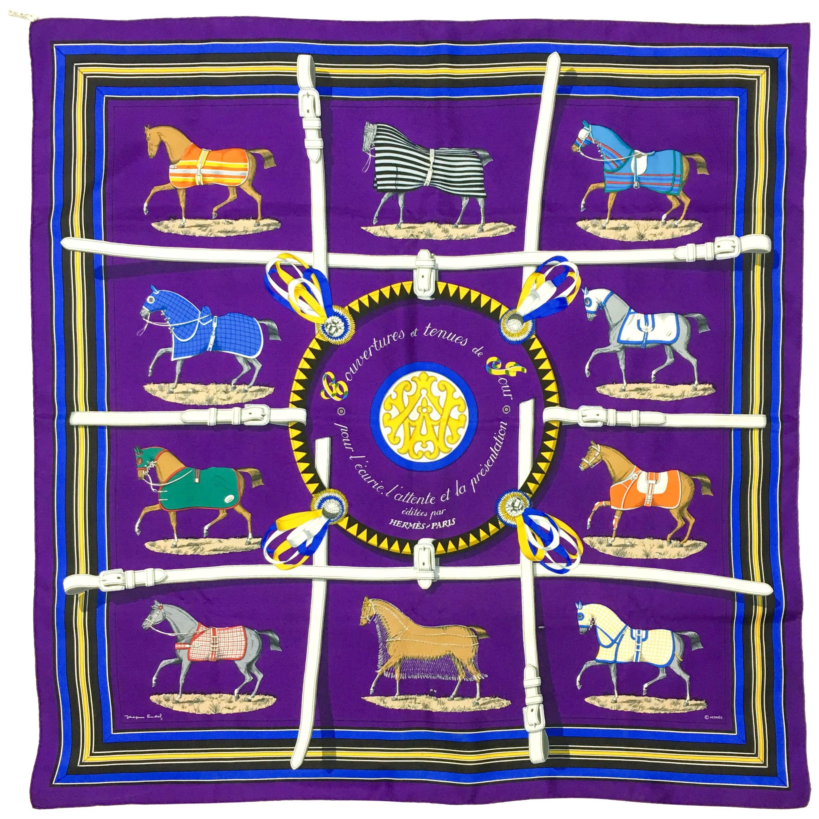 1970s Hermes 'Couvertures et tenues de Jour' Equestrian Themed Purple Silk Scarf