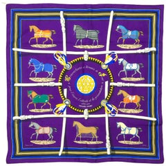 1970s Hermes 'Couvertures et tenues de Jour' Equestrian Themed Purple Silk Scarf