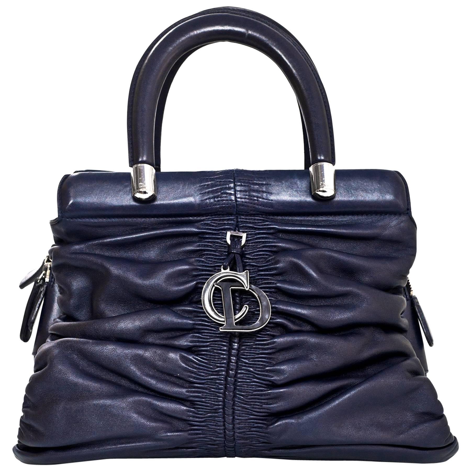 Christian Dior Navy Leather Small Ruched Karenina Handle Bag