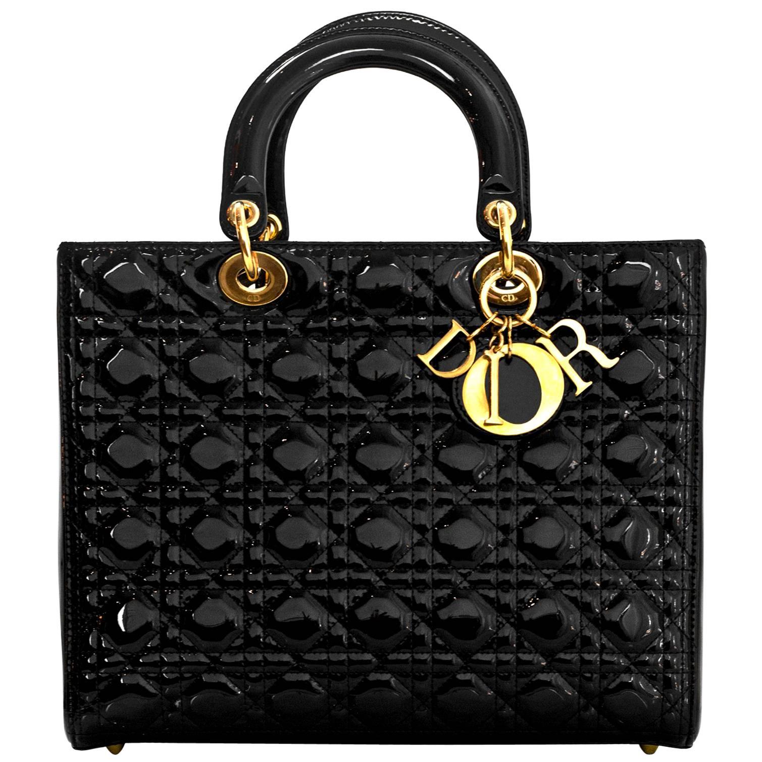 Christian Dior Black Patent Leather Cannage Quilted Large Lady Dior Bag