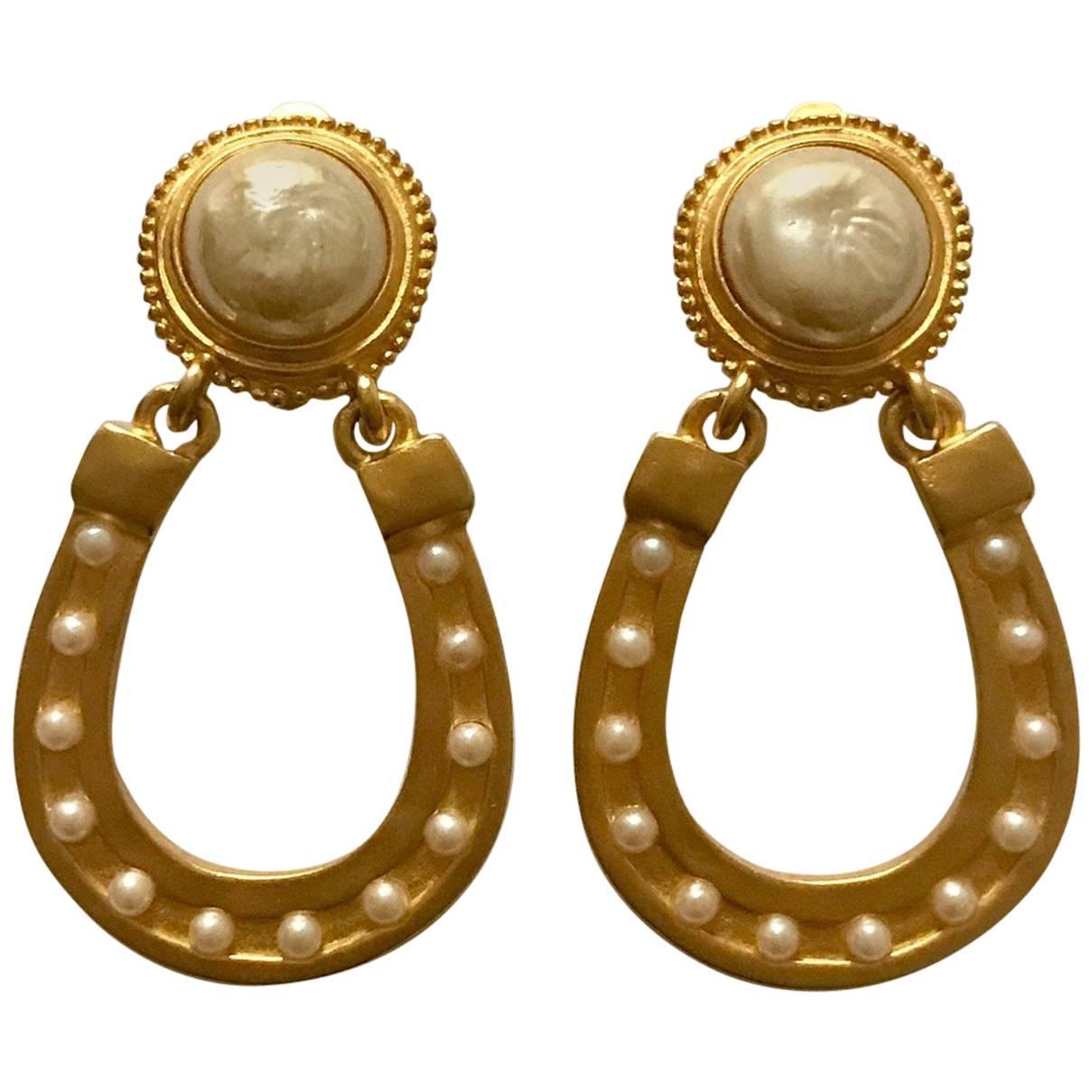 Karl Lagerfeld Gold and Pearl Lucky Horseshoe Vintage Earrings, 1990s 