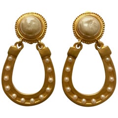 Karl Lagerfeld Gold and Pearl Lucky Horseshoe Vintage Earrings, 1990s
