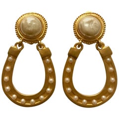 Karl Lagerfeld Gold and Pearl Lucky Horseshoe Vintage Earrings, 1990s 