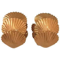 William de Lillo Gold Tone Sea Shell Vintage Clip On Hoop Earrings, 1970s 