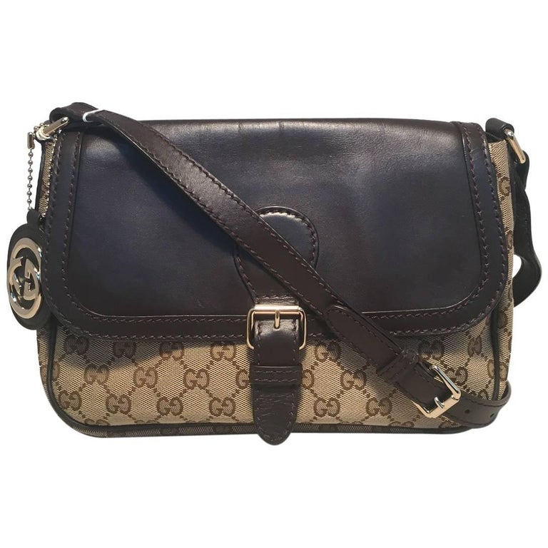 Gucci Brown Leather and Monogram Top Flap Shoulder Bag For Sale at 1stDibs