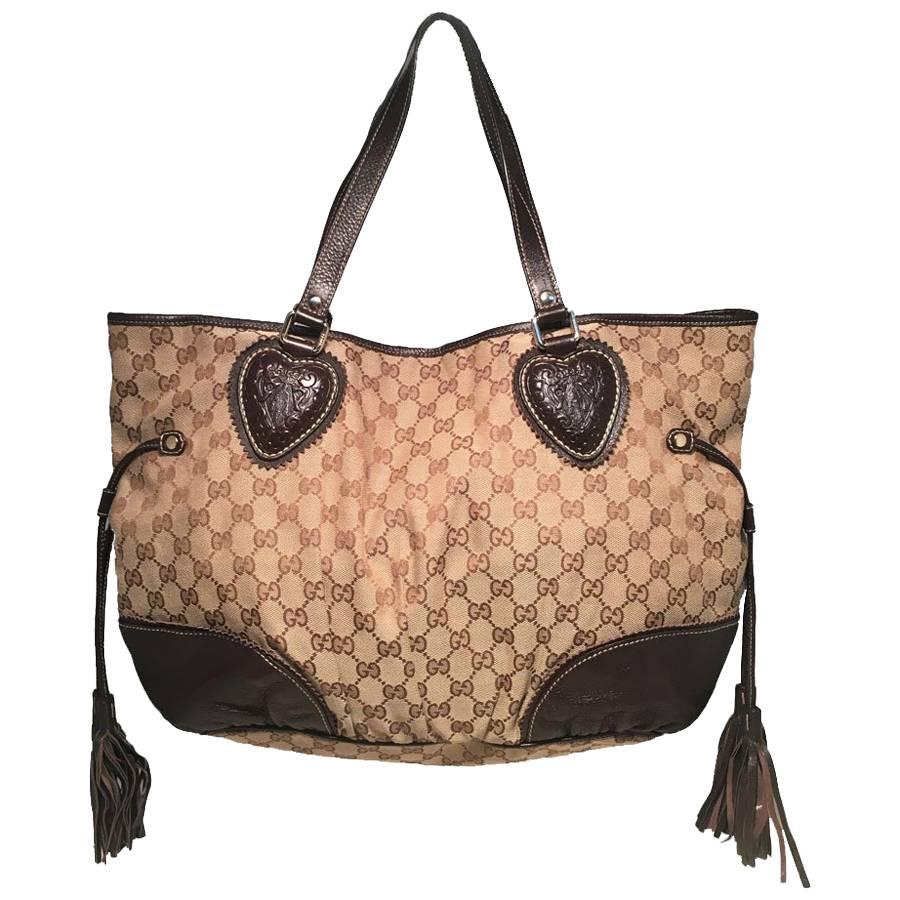 Gucci Monogram Large Tribeca Brown Leather Shoulder Bag Tote