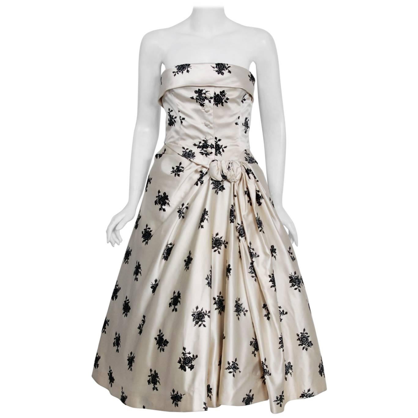 1955 Hattie Carnegie Ivory & Black Flocked Floral Satin Strapless Party Dress 