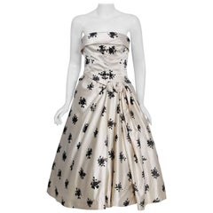 1955 Hattie Carnegie Ivory & Black Flocked Floral Satin Strapless Party Dress