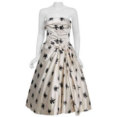 Retro 1955 Hattie Carnegie Ivory & Black Flocked Floral Satin Strapless Party Dress 