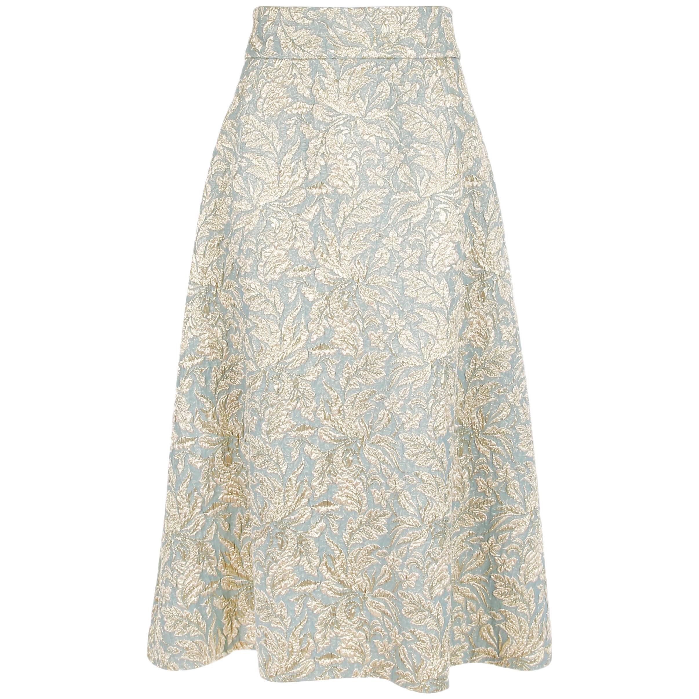Dolce & Gabbana Gold & Blue Metallic Skirt w/Foliate Pattern