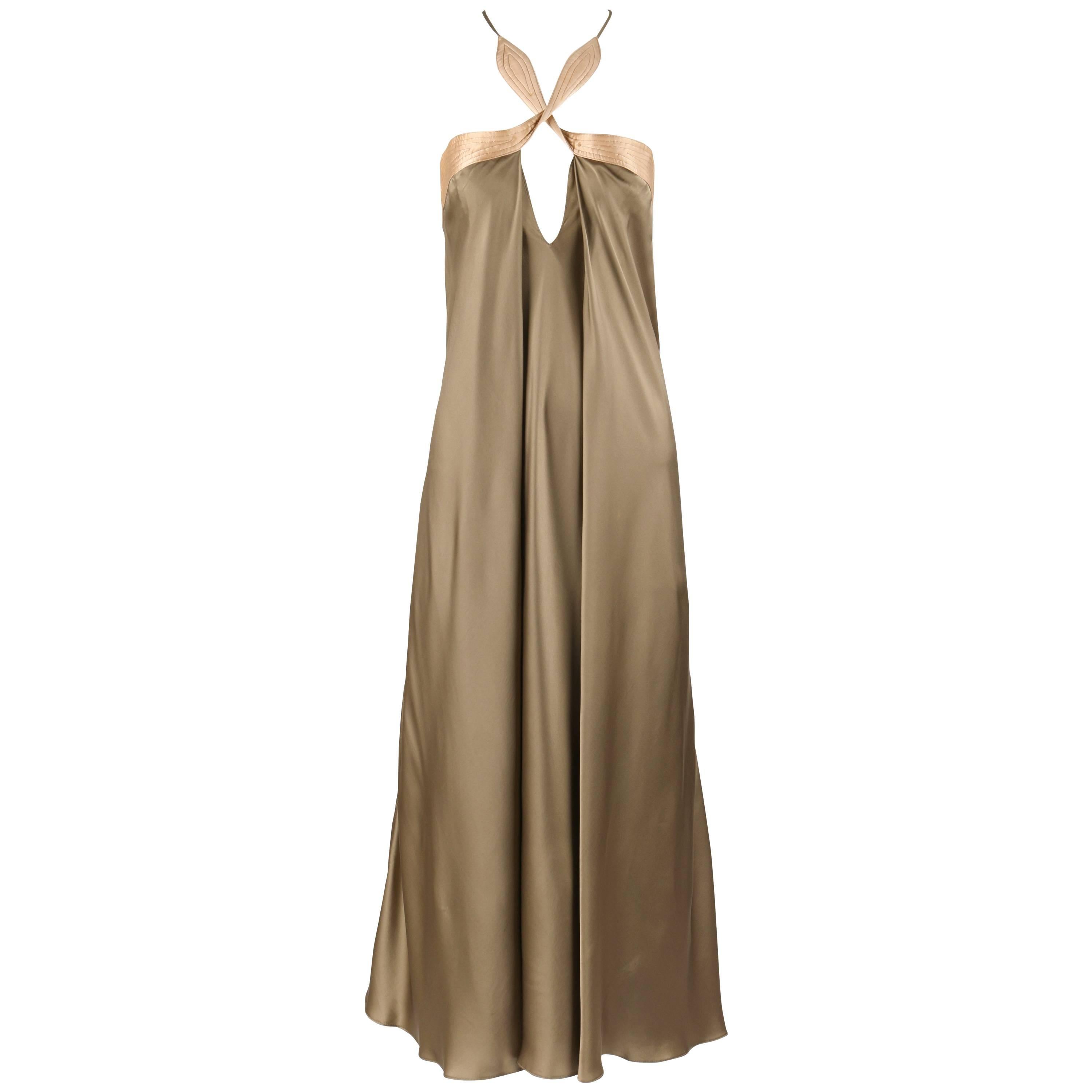 GEOFFREY BEENE c.1990's Taupe & Blush Gold Silk Twist Halter Cocktail Slip Dress