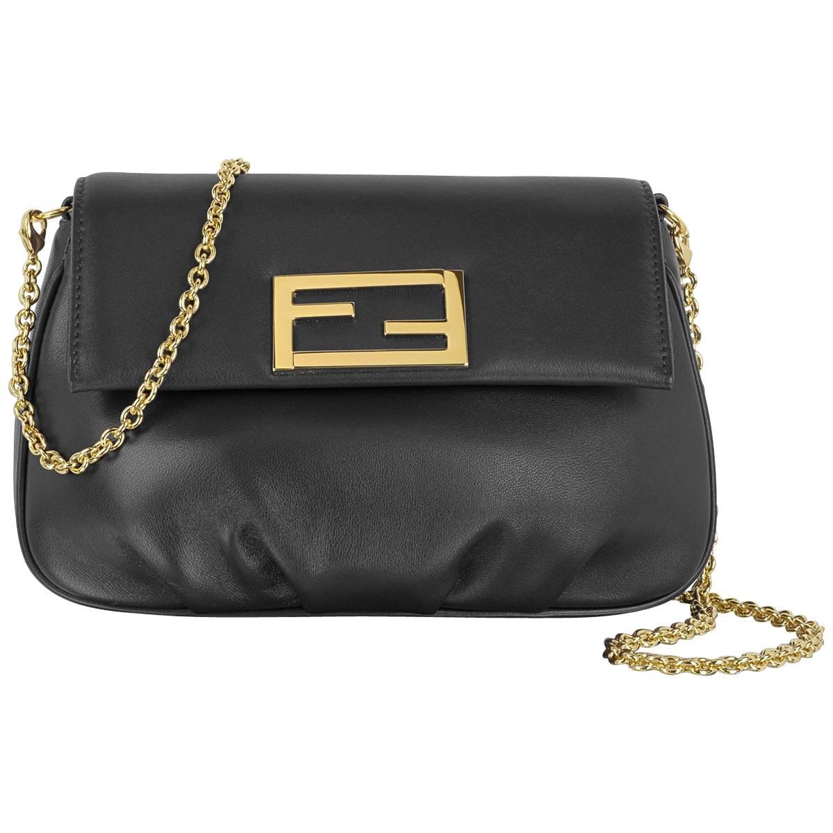 Fendi Black Leather Gold Charm Small Evening Clutch Shoulder Crossbody Flap Bag