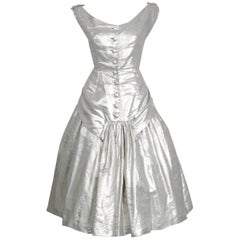 Retro 1950's Suzy Perette Metallic Silver Lame Sculpted Full Circle-Skirt Party Dress