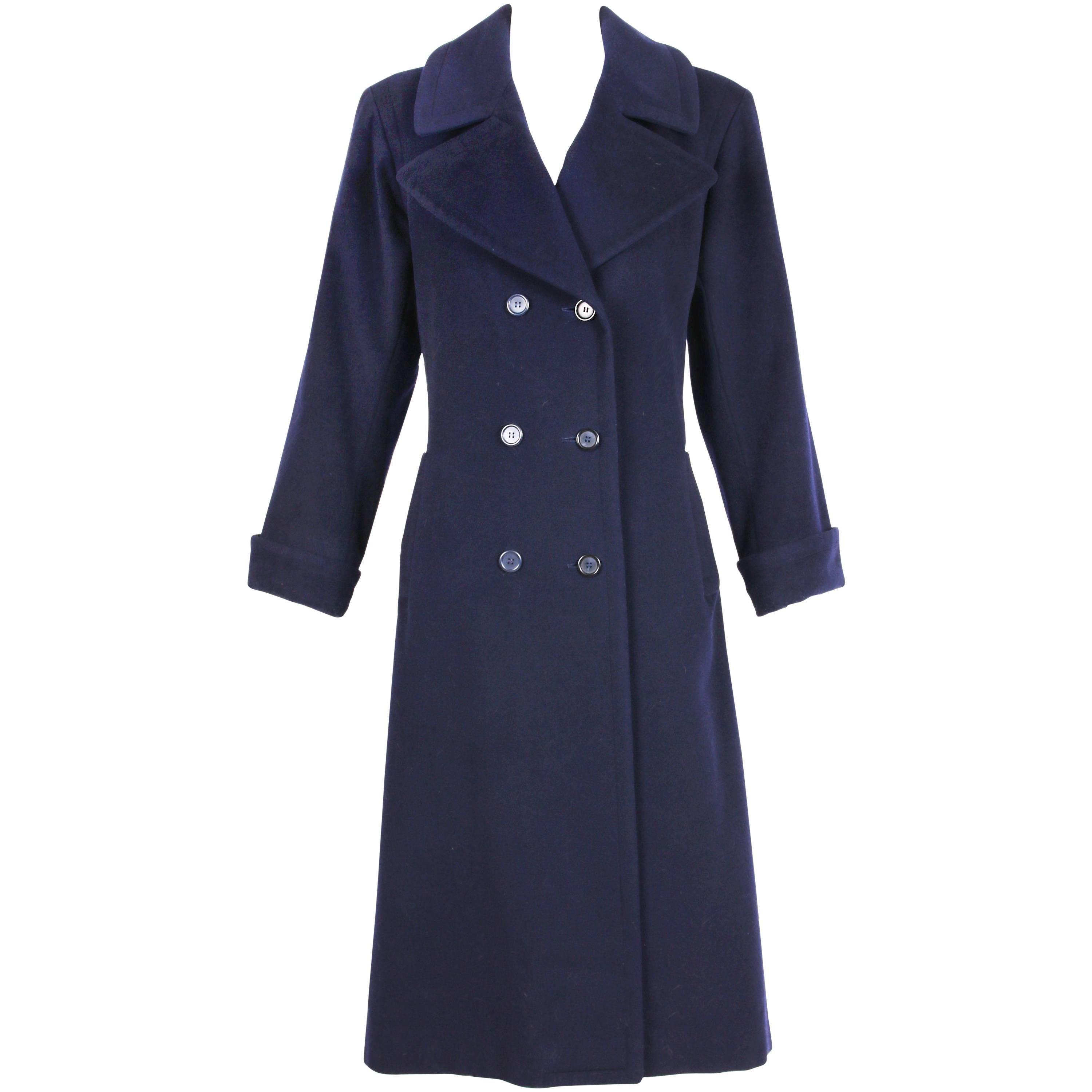 Yves Saint Laurent Navy Blue Wool Double-Breasted Coat For Sale