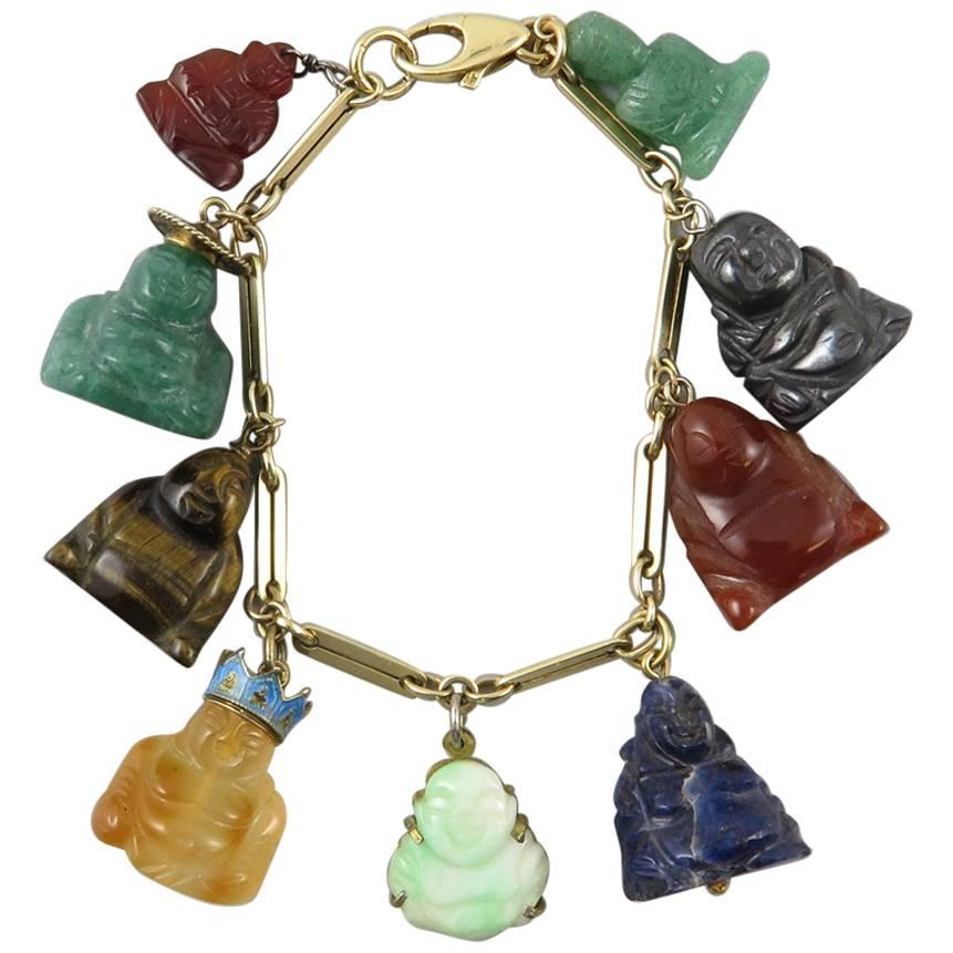 Fabulous Charm Bracelet of Carved Gemstone Buddhas. 1960's.