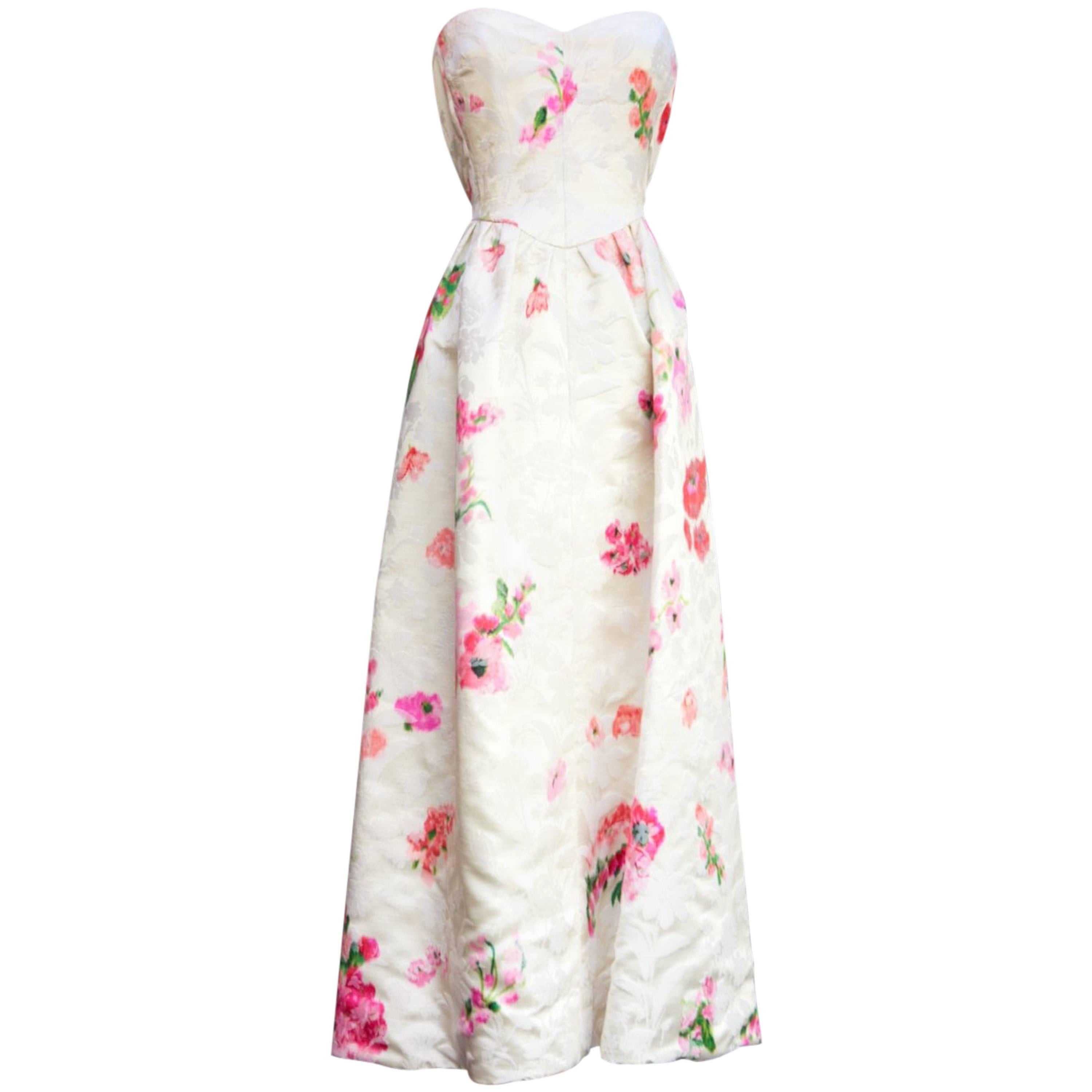 Nina Ricci Haute Couture long white bustier dress with pink flowers