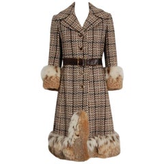 Retro 1970 Christian Dior Documented Wool Tweed & Lynx Fur Belted Princess Coat