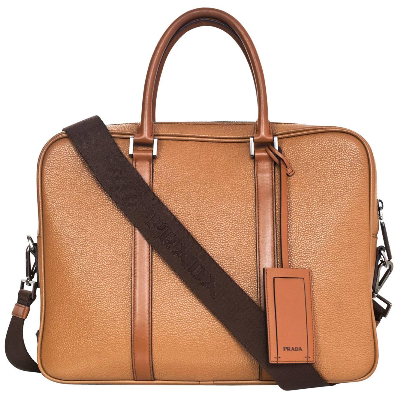 Prada Tan Grained Leather Briefcase/Laptop Bag with Strap rt. $2, 200
