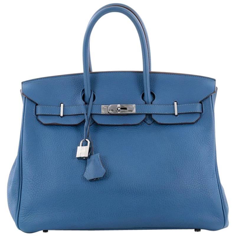 Hermes Birkin Handbag Blue Mykonos Clemence with Palladium Hardware 35