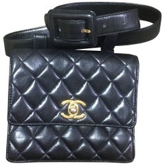 Vintage CHANEL square black lambskin waist purse, fanny pack with belt.
