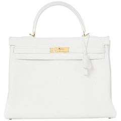 2015 Hermes White Clemence Leather Kelly 35cm Retourne