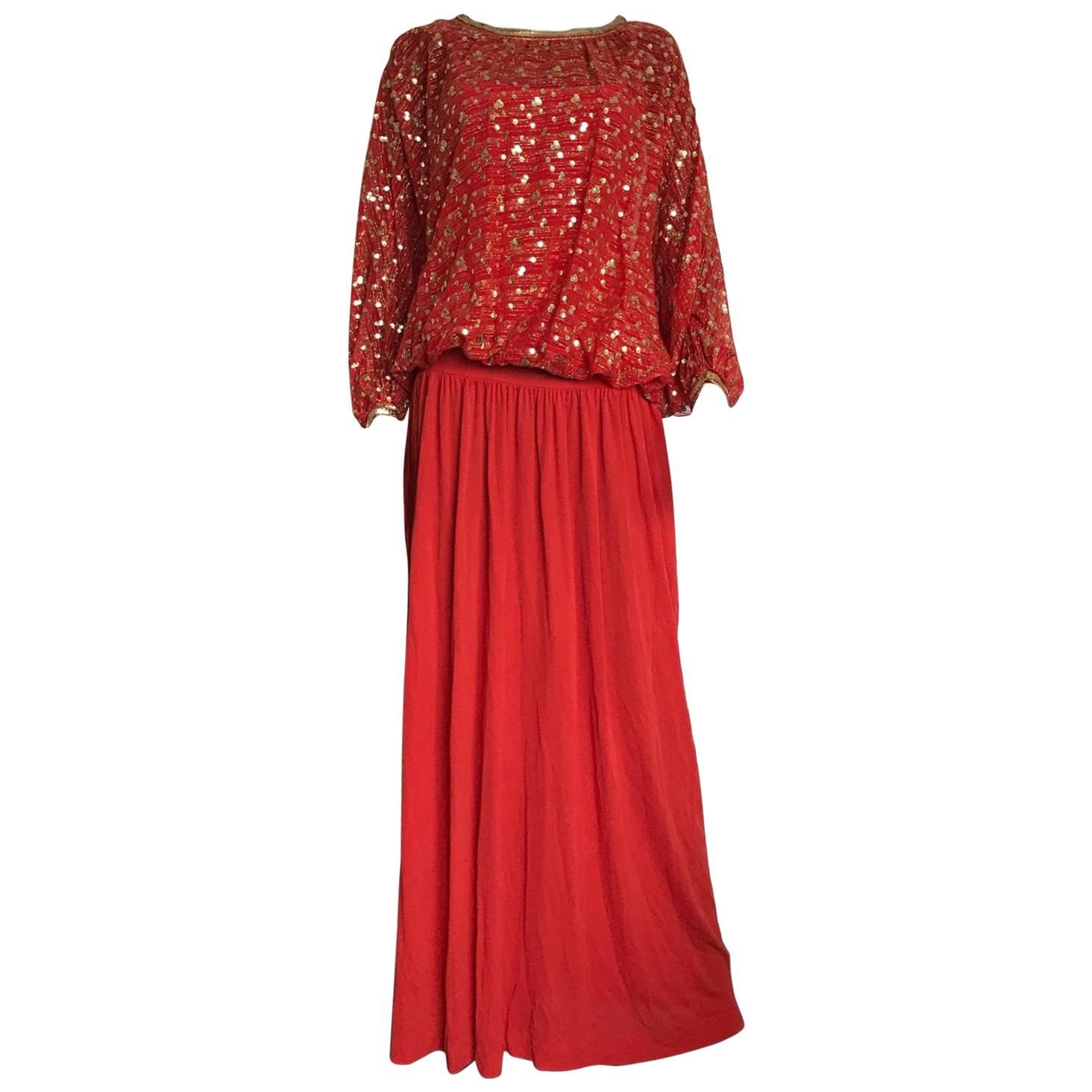 Christian Dior red cocktail outfit, circa 1980, with embroided sequins For Sale