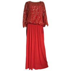 Christian Dior red cocktail outfit, circa 1980, with embroided sequins