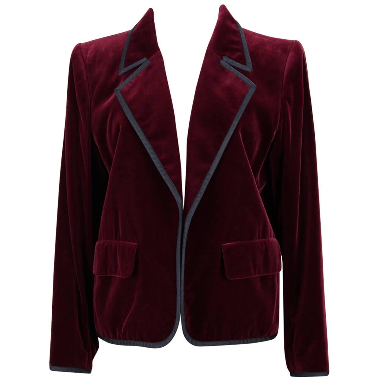 Yves Saint Laurent Vintage Burgundy Red Velvet Blazer Jacket with Ribbon Trim