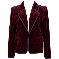 Yves Saint Laurent Vintage Burgundy Red Velvet Blazer Jacket with Ribbon Trim