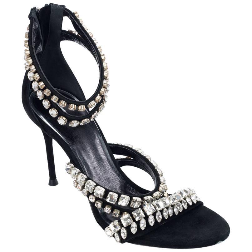 Roberto Cavalli Womens Black Suede Crystal Embellished Sandal For Sale