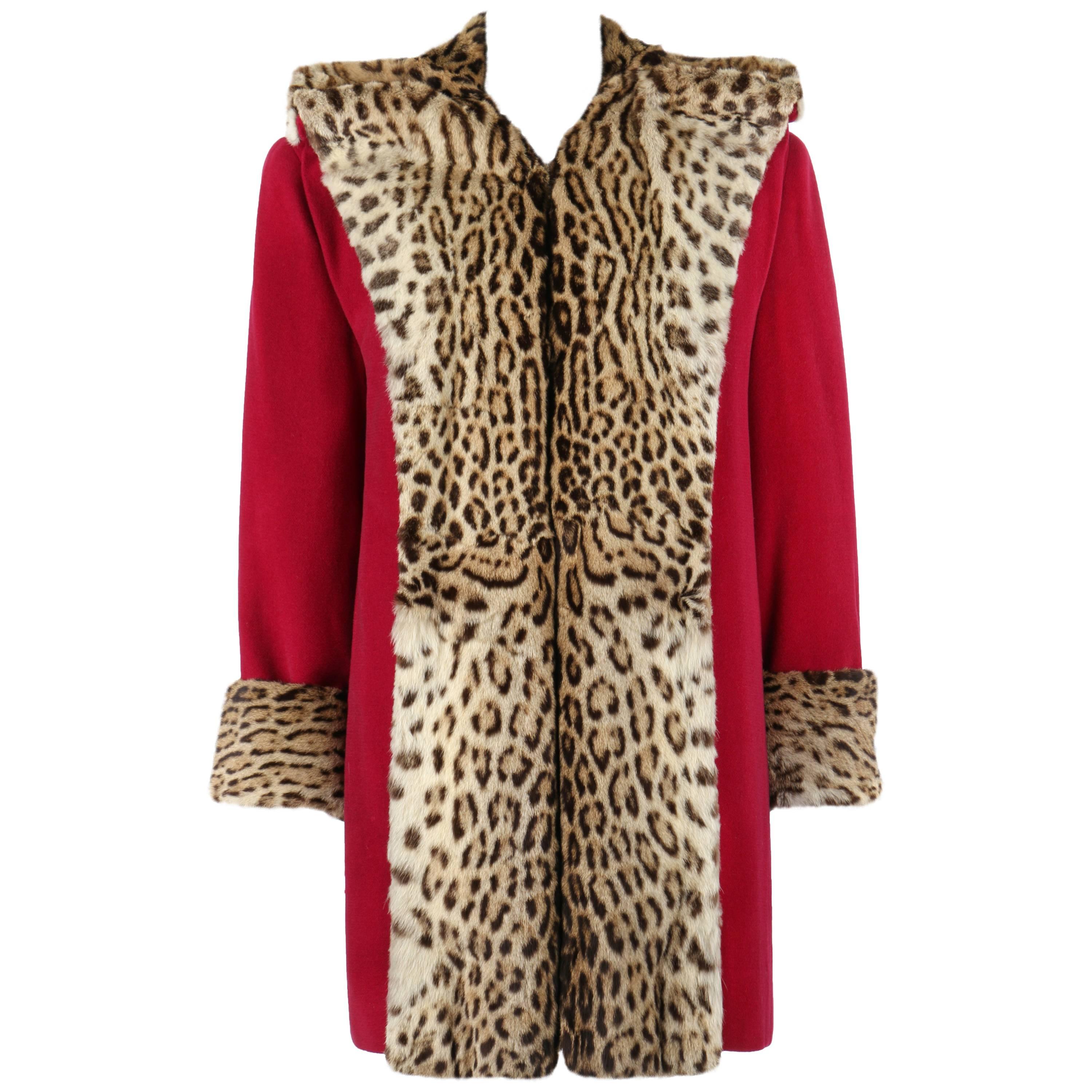 Vtg RUSSEKS c.1940's Raspberry Red Wool Genuine Fur Trim Tuxedo Collar Box Coat 