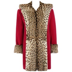Vintage Vtg RUSSEKS c.1940's Raspberry Red Wool Genuine Fur Trim Tuxedo Collar Box Coat